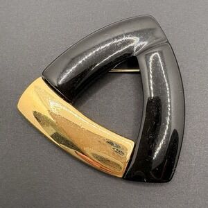 Vintage Triangular Brooch Gold Tone & Black Acrylic Retro 80s Bold Statement 2"